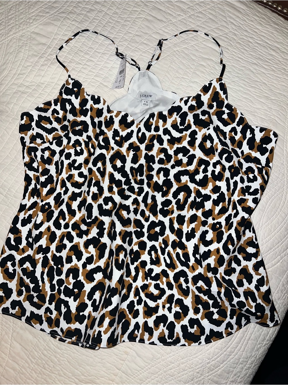 J. Crew Leopard-Print Spaghetti Strap Scalloped Blouse in White, Black & Brown